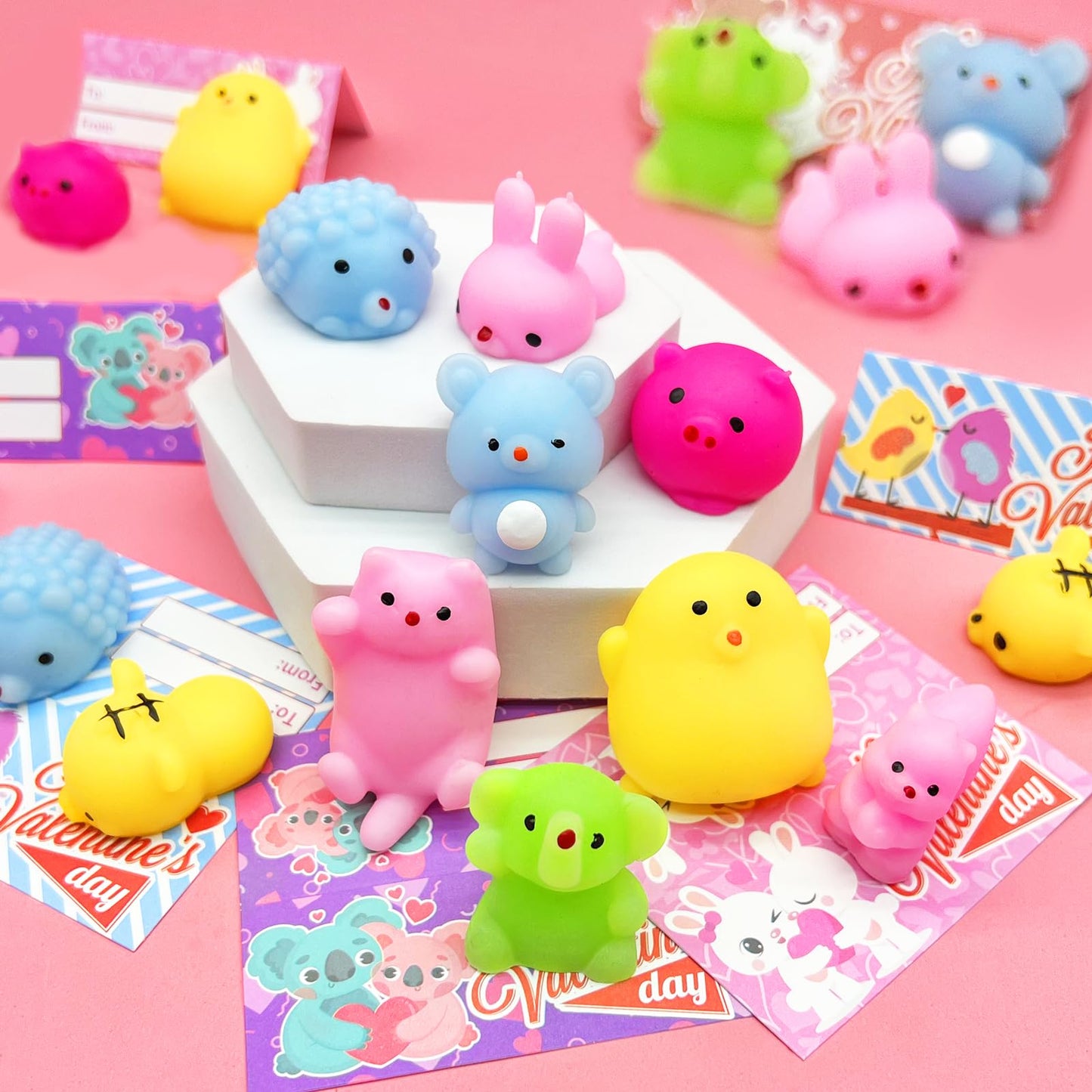 36 Pack Valentine'S Day Cards For Kids Prefilled Animals Mochi Squishies Toys Fidget Stress Relief Toys Squeeze Toys Valentines