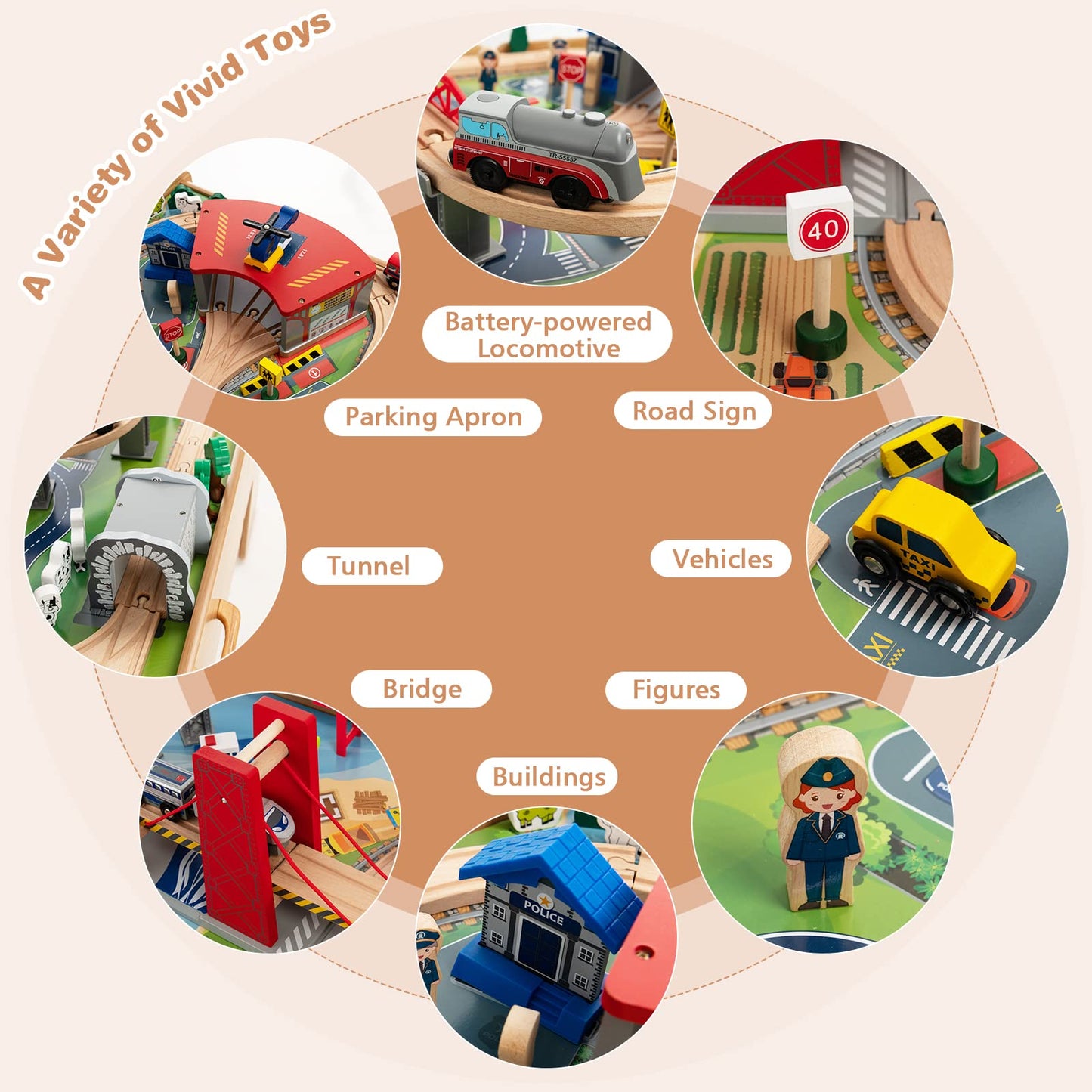 Honey Joy Train Table, Wooden Kids Activity Table With Storage, 100 Multicolor Pieces, Tracks, Trains, Cars, Toddler Train Table