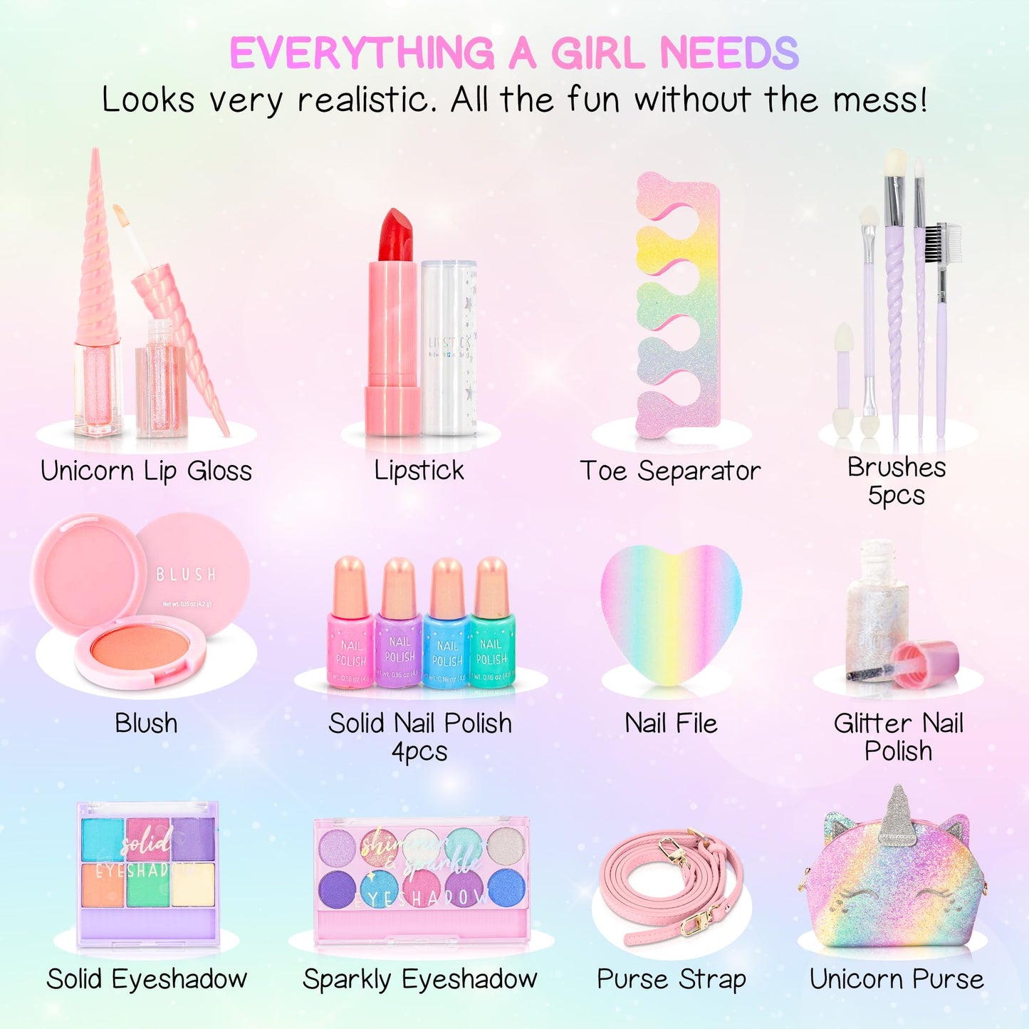 Kids Real Makeup Kit For Girls: No Talc, Washable Make Up Set With Unicorn Purse - Toy Gift For Little Girls & Toddlers Age 3 4