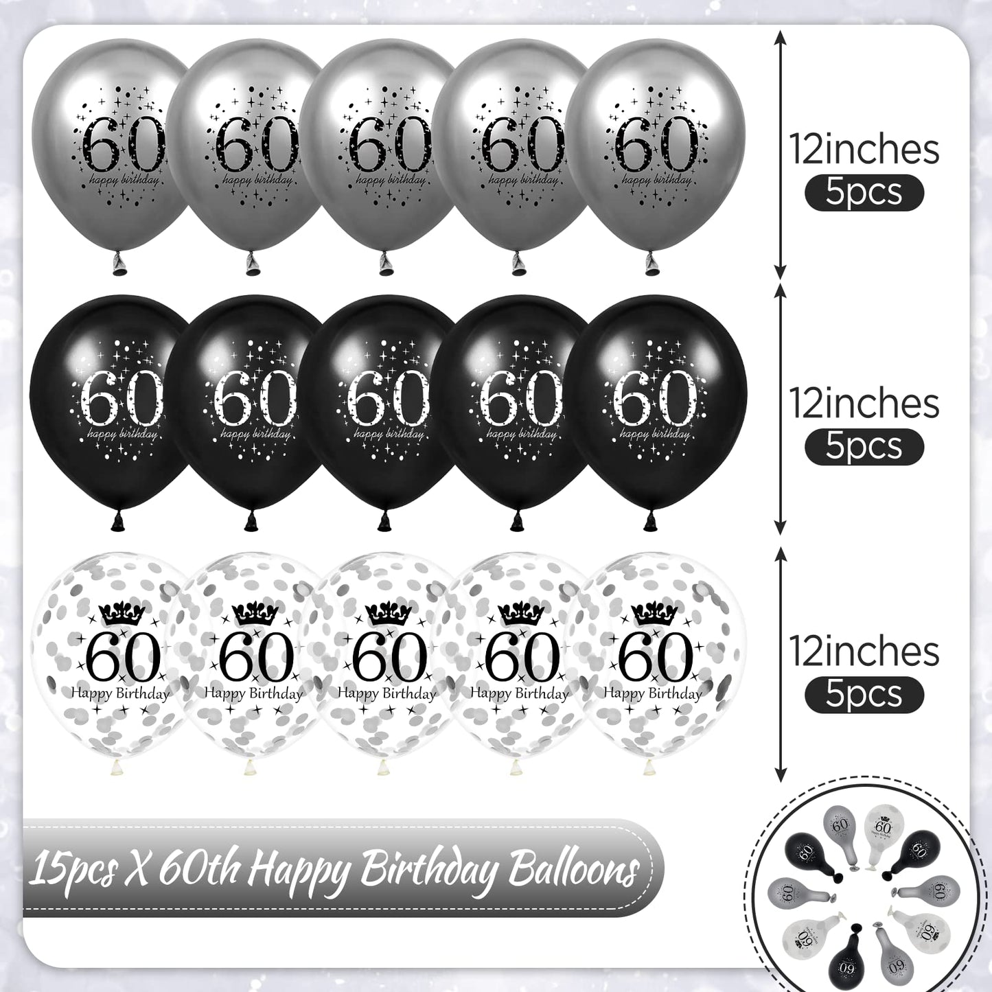 60Th Birthday Balloons Decorations 15Pcs Black Silver Happy 60Th Birthday Party Latex Confetti Balloons For Men Women 60Th Anniversary Happy Birthday Party Decor Supplies 12 Inches