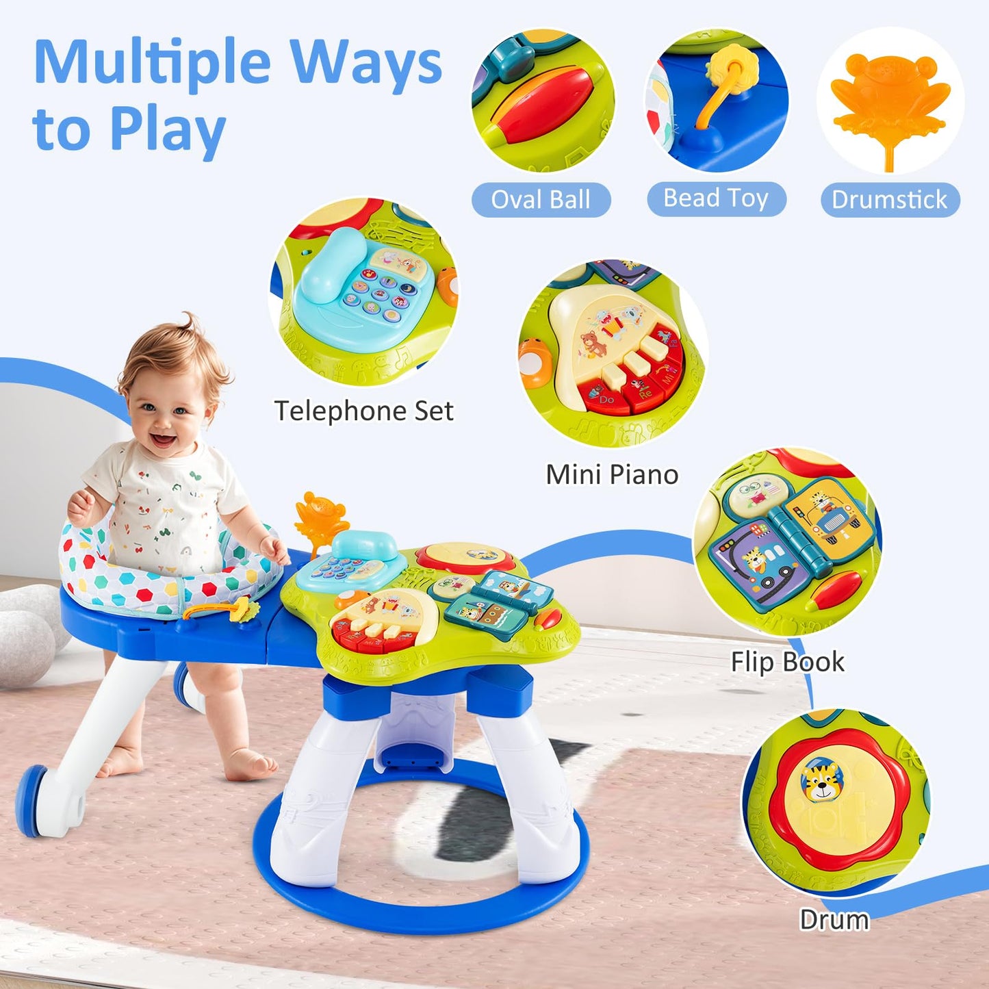 Infans 3 In 1 Walk Around Baby Activity Center, Baby Walker With Play Table, Wheels, Detachable Seat Cushion, 3 Adjustable Heigh