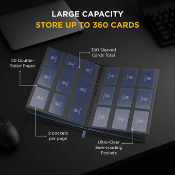 Card Guardian - 9 Pocket enhanced Binder with Zipper for 360 Cards Trading Card Games TCG (Blue) Side Loaded Pockets Perfect for Yugioh Cards MTG Binder Sports Cards