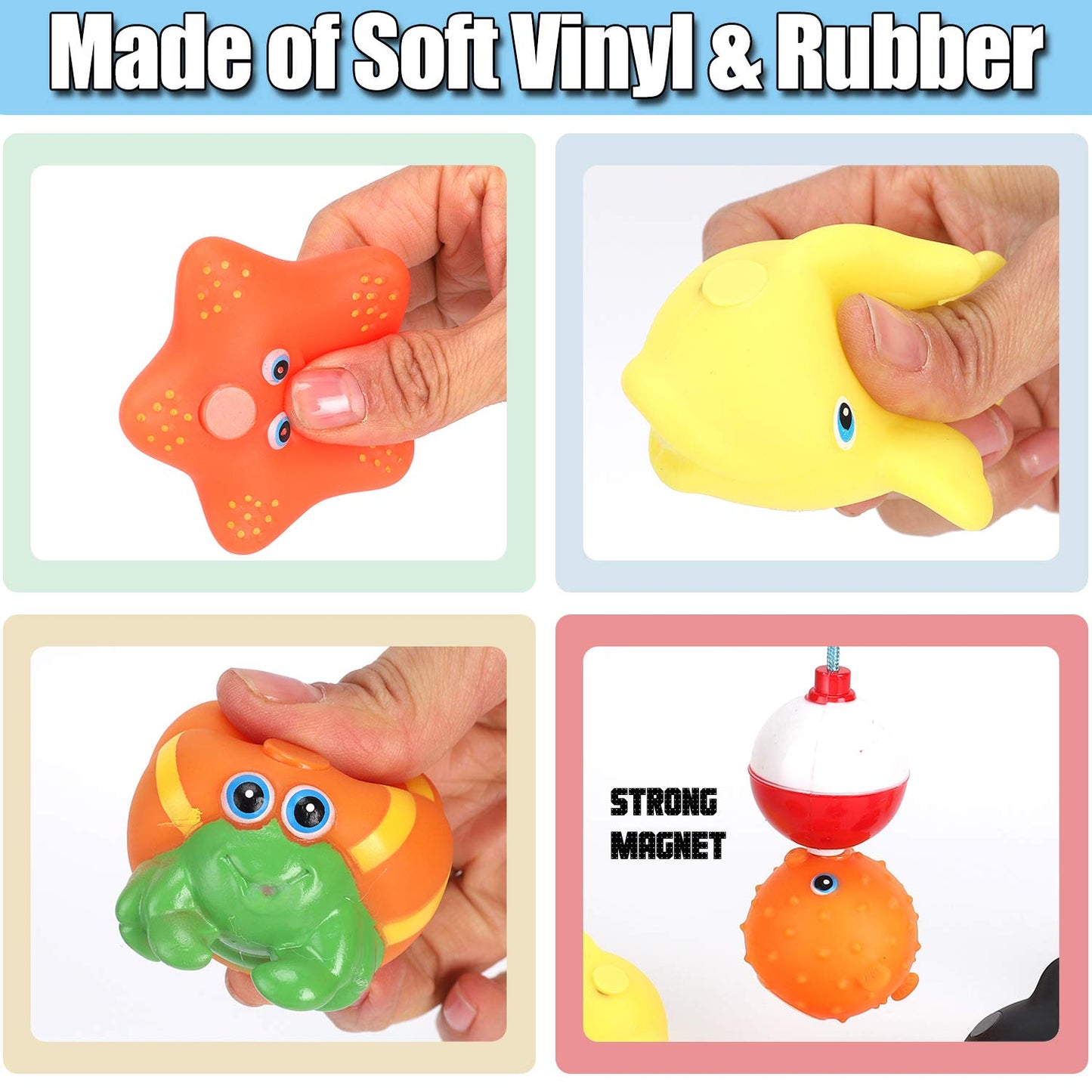 Magnetic Toddler Bath Toys | Kids Fishing Pool Game Set Of 2 Fishing Poles, 8 Rubber Sea Animals, & Net | Water Toys With Mesh O