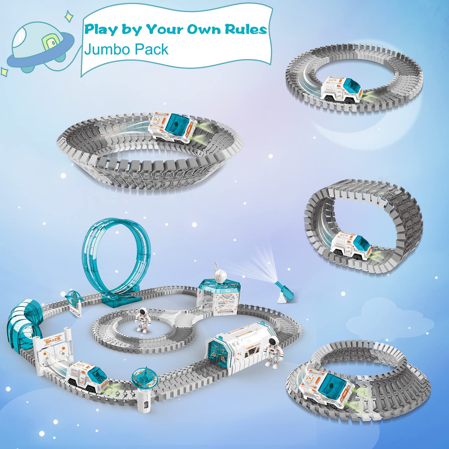 Vanlinny Space Toys For Kids, 204Pcs Train Toys For Boys 6-8 With 1 Mini Star Projector, 1 Light Up Car And 2 Astronaut Dolls, Flexible Race Track Birthday Xmas Gifts Set For Girls Boys 4-7