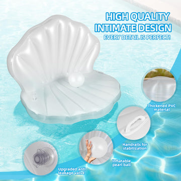 52'' Thickened Inflatable Seashell Pool Float, Giant Pool Floating Raft Chair With Pearl Balls, For Children'S Party, Ocean Them