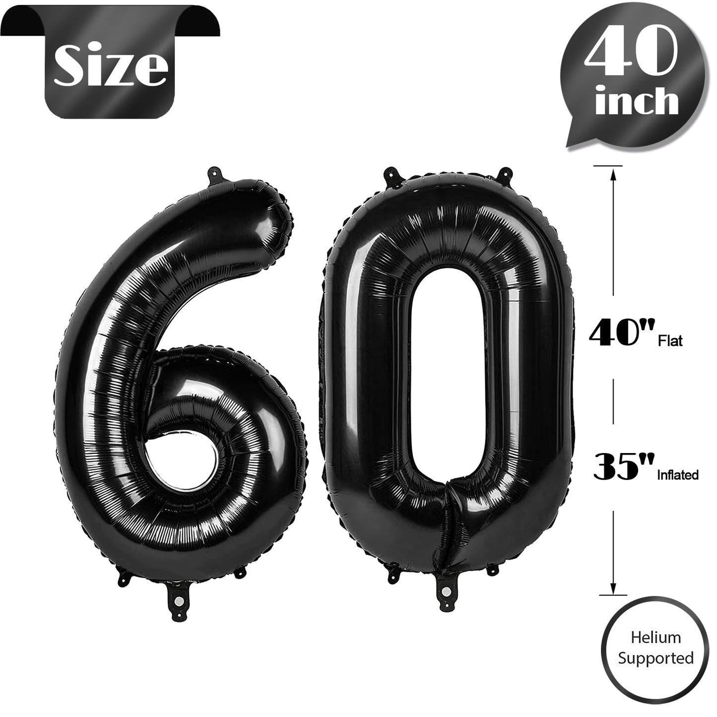 60 Balloon Number, Black Number 60Th Birthday Balloons 40 Inch, 60 Years Old Black Birthday Decorations For Men Women, 60Th Anni