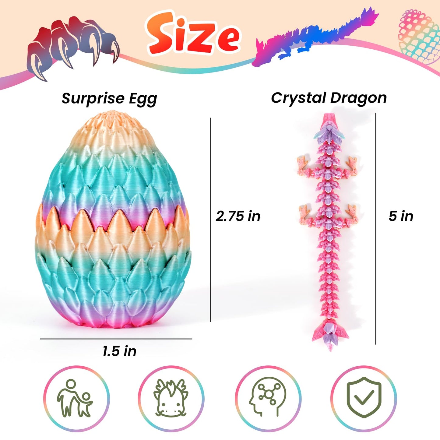 4Pcs Easter 3D Printed Dragon Eggs With Dragon Inside,Easter Basket Stuffers,Easter Basket Essentials,Prefilled Mini Eggs Articulated Crystal Dragon Fidget Toys,Mystery 3D Printed Animals Set