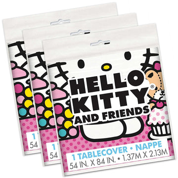 Unique Hello Kitty Birthday Decorations - Rectangular Plastic Tablecloths (Pack of 3) & Sticker, White/Pink