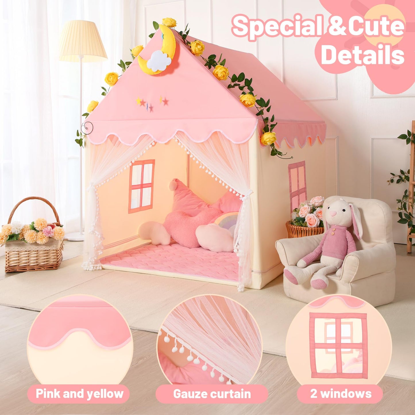 Wilwolfer Kid Tent With Mat, Star Lights - Kids Play Tents For Toddlers Kids Tents Indoor Playhouse - Princess Tent For Girls Toy House Gift (Pink With Mesh)