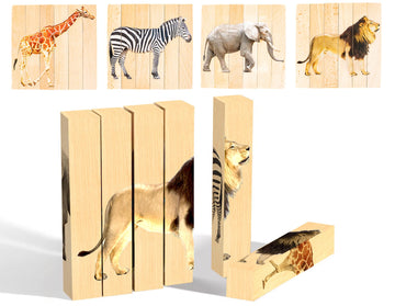 Wooden Animal Chunky Puzzles For Toddlers 2+ Years - Montessori 4 In 1 Safari Animal Block Puzzle Toy