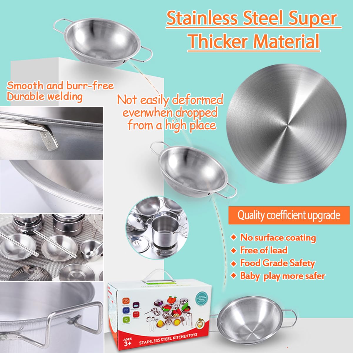 Classic Stainless Steel Kitchen Toys Cooking Utensils Set-Pretend Play Pots Pans Toy Cookware Kits for Kids Cooking Utensil Set