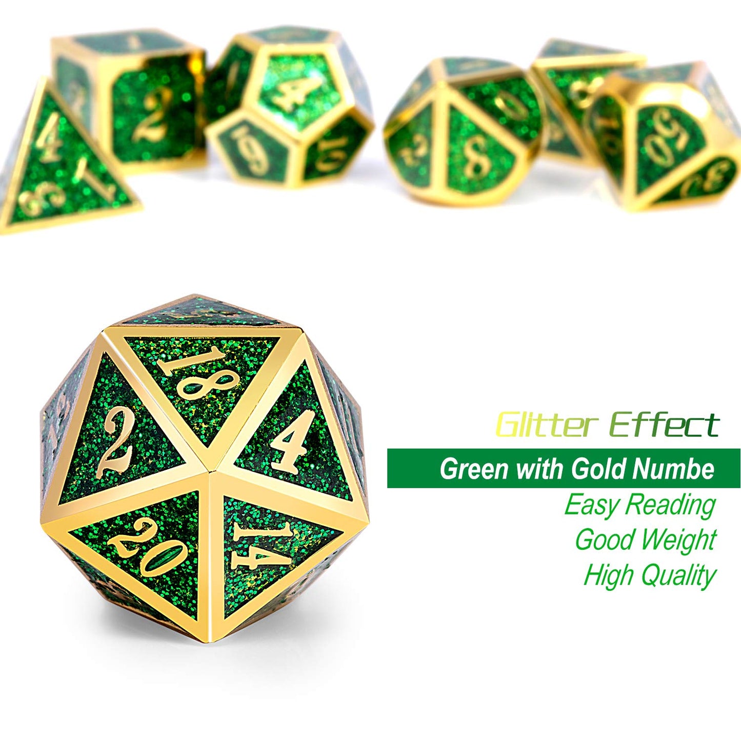 DNDND Metal Dice Set D&D,Glitter Green Heavy DND Dice with Free Metal Case for Role Playing Games Dungeons and Dragons