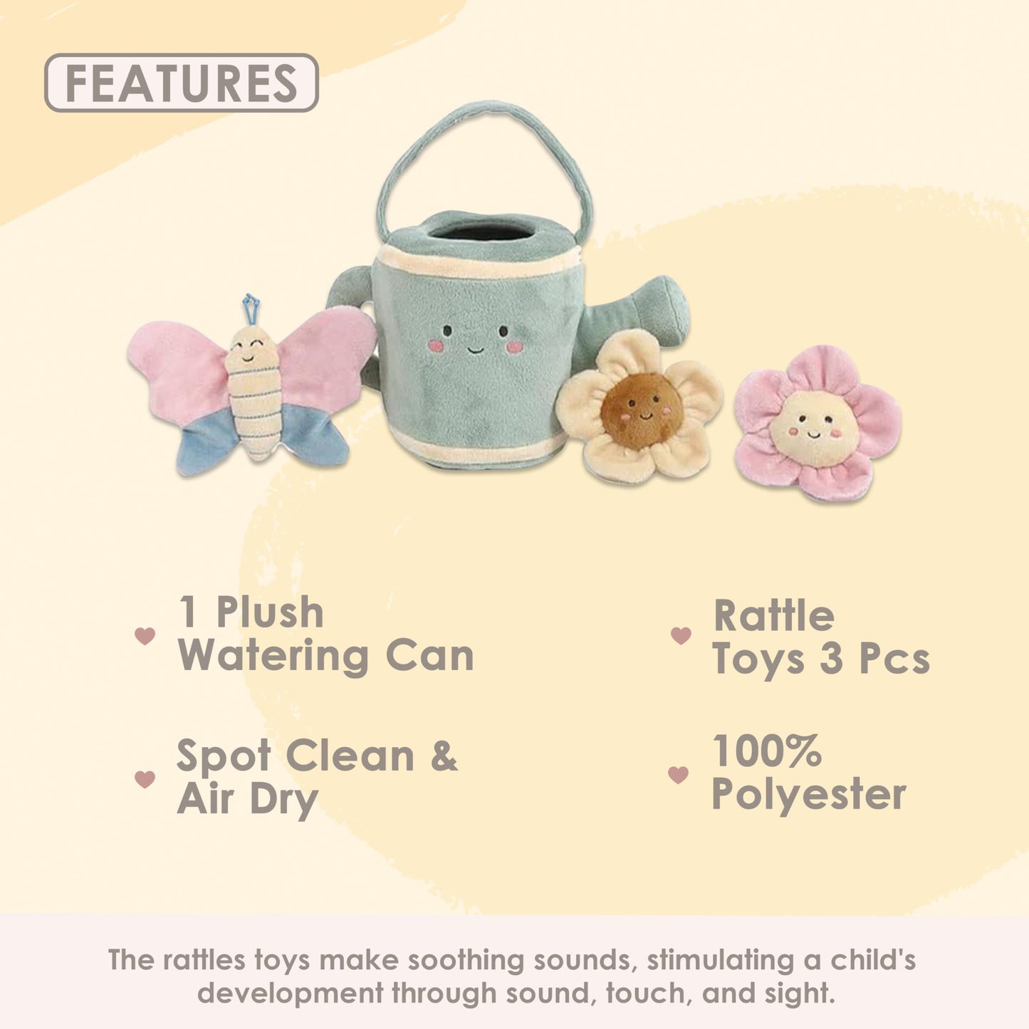 MON AMI Spring Watering Can Play Set with Rattles - 4 Pc Set, Stuffed Plush Gardening Set for Kids with Watering Can, 2 Pcs Flow