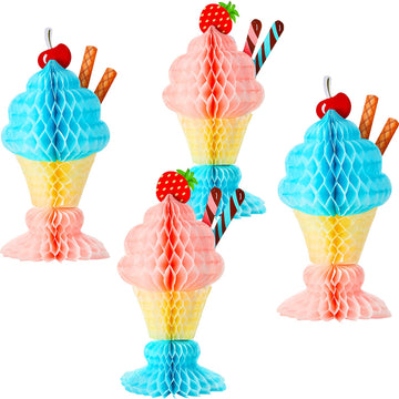 Outus 4 Pcs Tissue Ice Cream Honeycomb Sundae Table Centerpiece Ice Cream Party Decorations For 50S Themed Ice Cream Sundae Theme Party Supplies