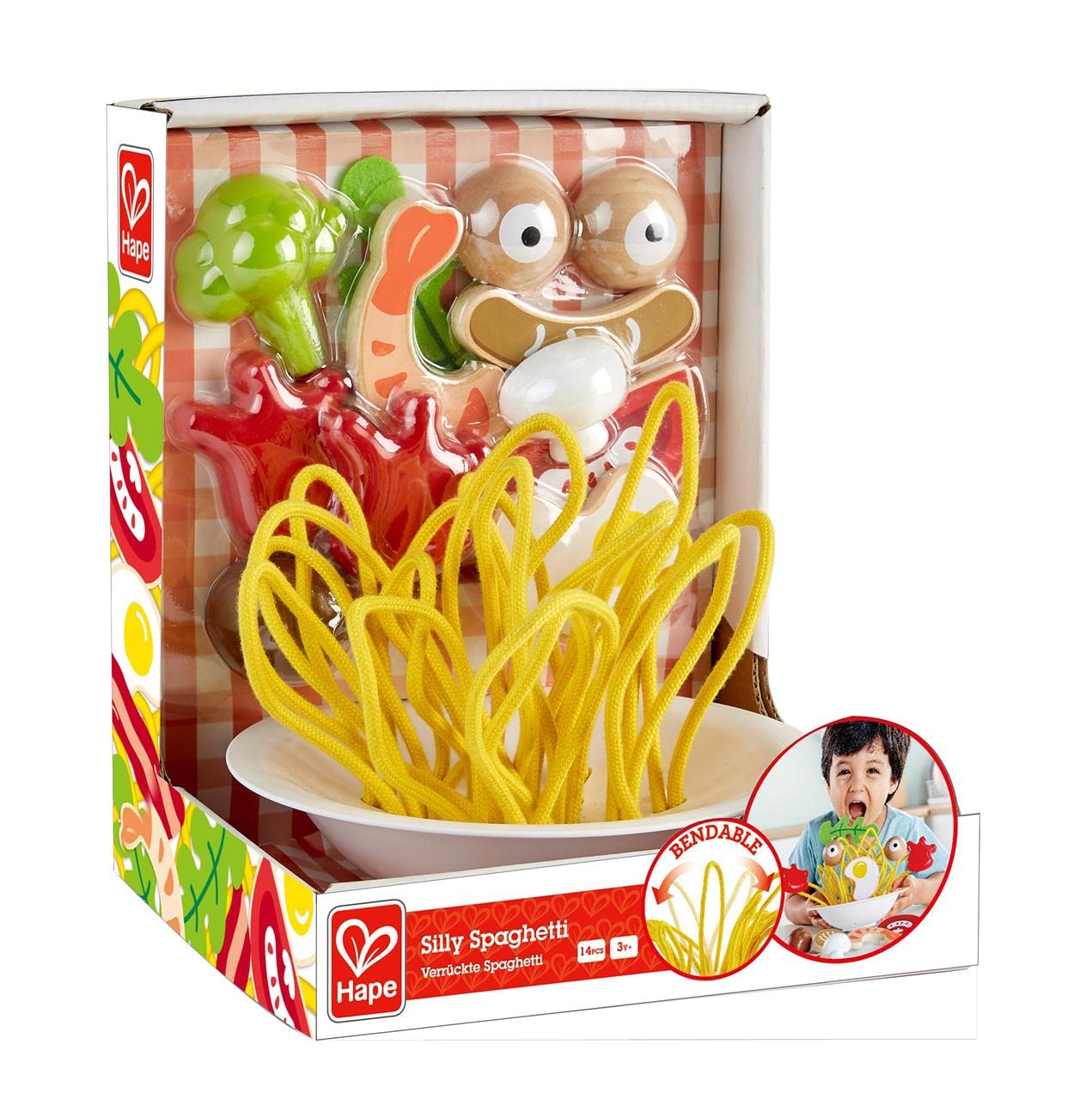 Hape Silly Spaghetti |13 Piece Wooden Spaghetti Fidget Toy, Colorful Pretend Play Cooking Set For Kids 3 Years And Up (E3165)