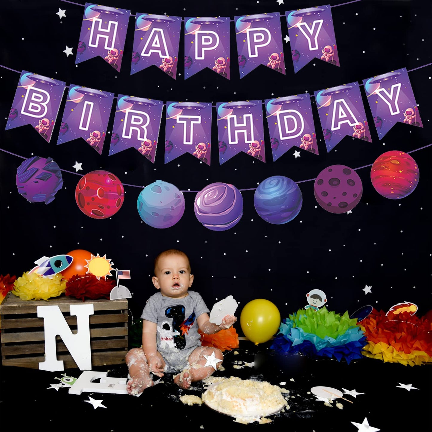 Zwiebeco Space Birthday Party Decoration Supplies - Outer Space Happy Birthday Banner Bunting Garland Hanging Paper Kit For Kids