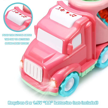 LESUTER TOYS Carrier Car Toy Set - 5 in 1 with Lights & Sounds, Pink, Friction Powered Double Layer Truck for Toddlers