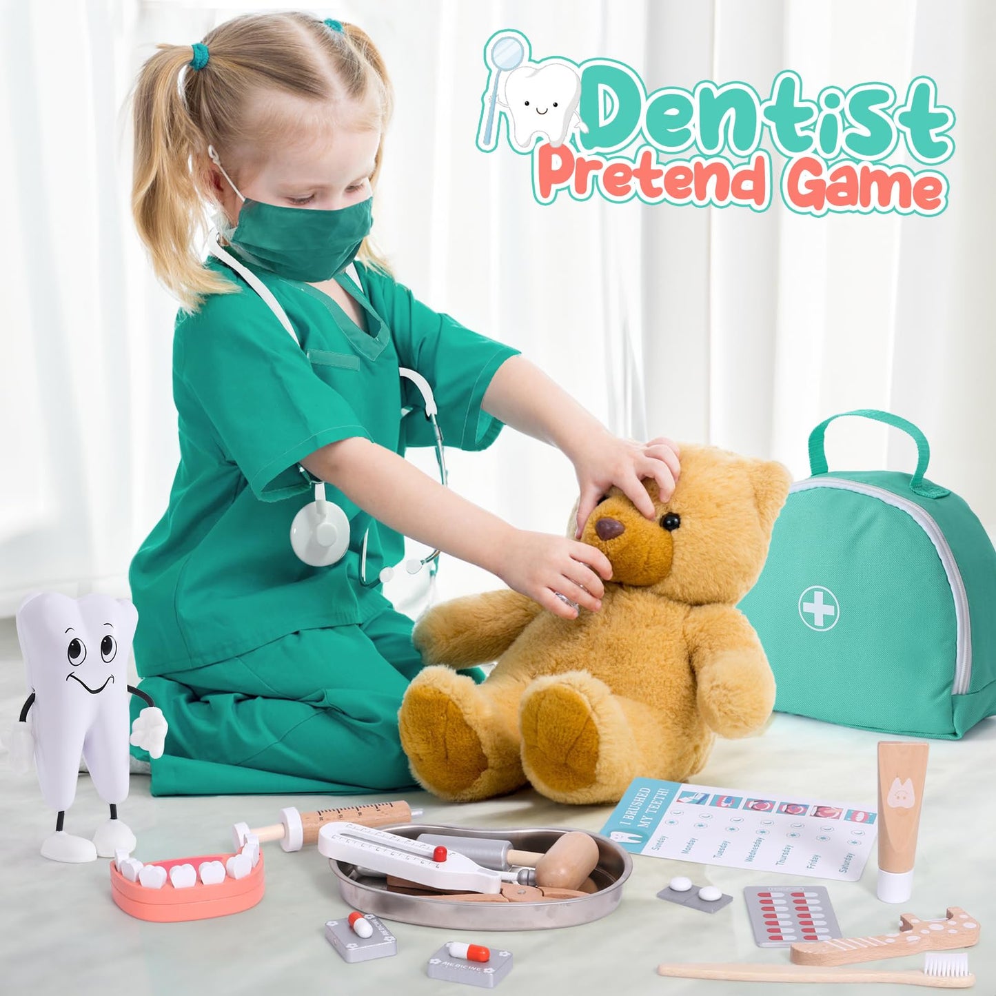Atoylink Doctor Kit for Toddlers Kids Dentist Pretend Play Toy Set, 32Pcs Wooden Medical Kit with Dress Up Costume & Bag & Prete