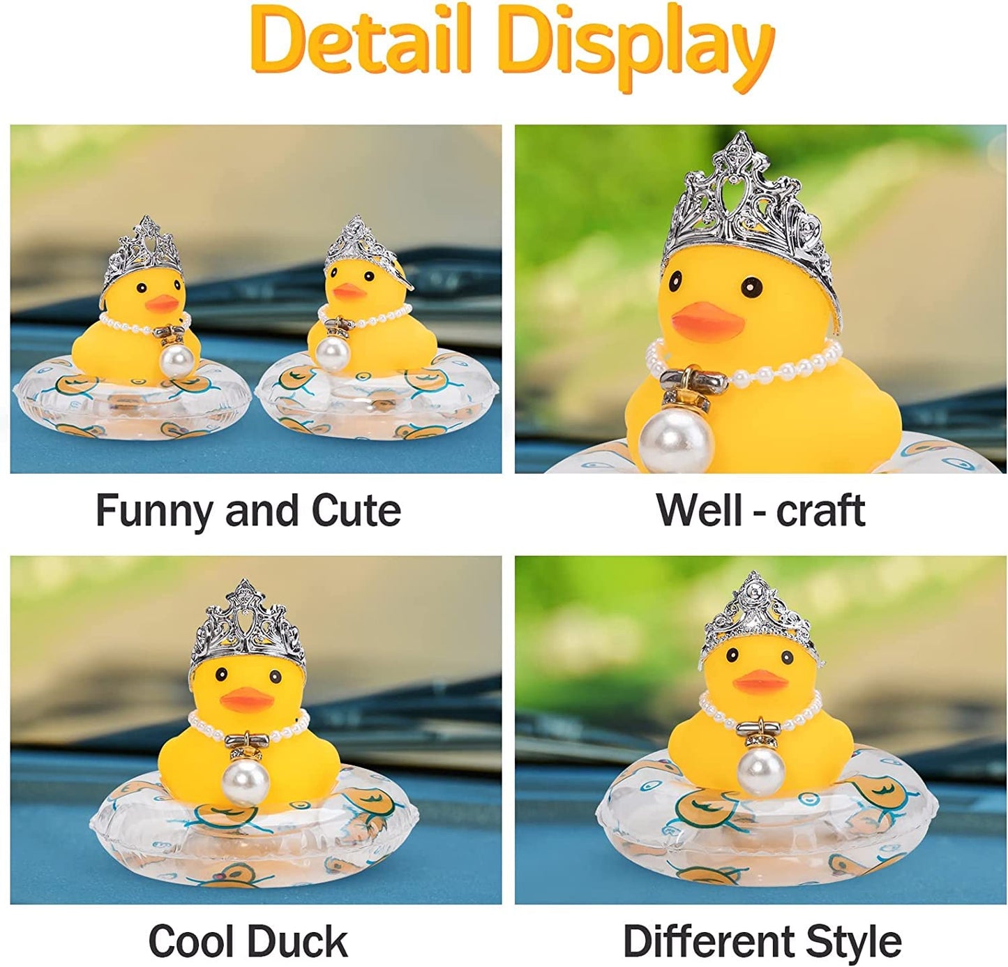 Wonuu Car Duck Decoration Dashboard Ornament For Dashboard Decoration Rubber Accessories With Pearl Necklace Crown Mini Swim Ring And Sunglasses