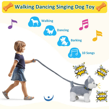 Husky Walking And Barking Puppy Dog Toy With Control Leash,Realistic Wagging Tail Robot Interactive Musical Dancing Animated Plu