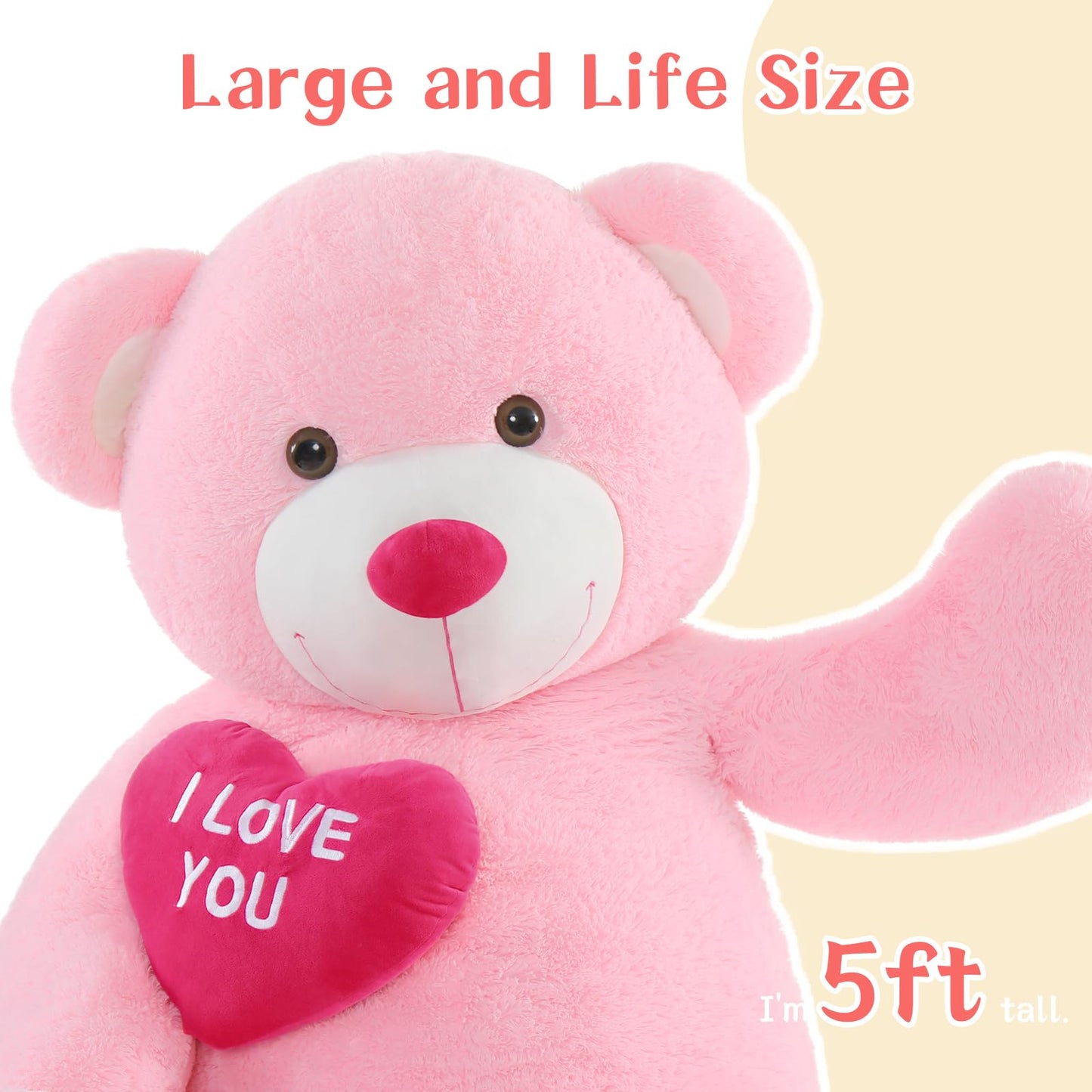 Beniny Large Teddy Bear Stuffed Animal 5Ft, Big Teddy Bear With Heart, Giant Brown Stuffed Bear Plush Toys For Kids, I Love You