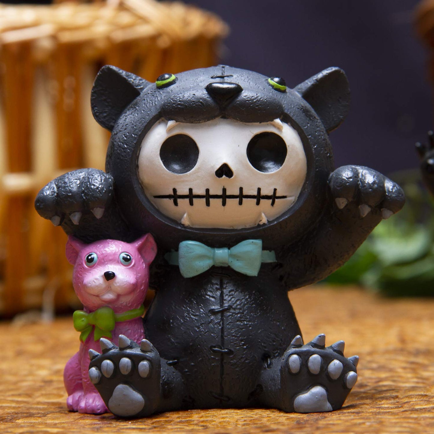 Furrybones Summit Collection Black Panther Basheera Figurine Decorative Signature Skeleton In Black Panther Cat Costume With Pink Panther Doll 4 Inch Tall Collectible Statue