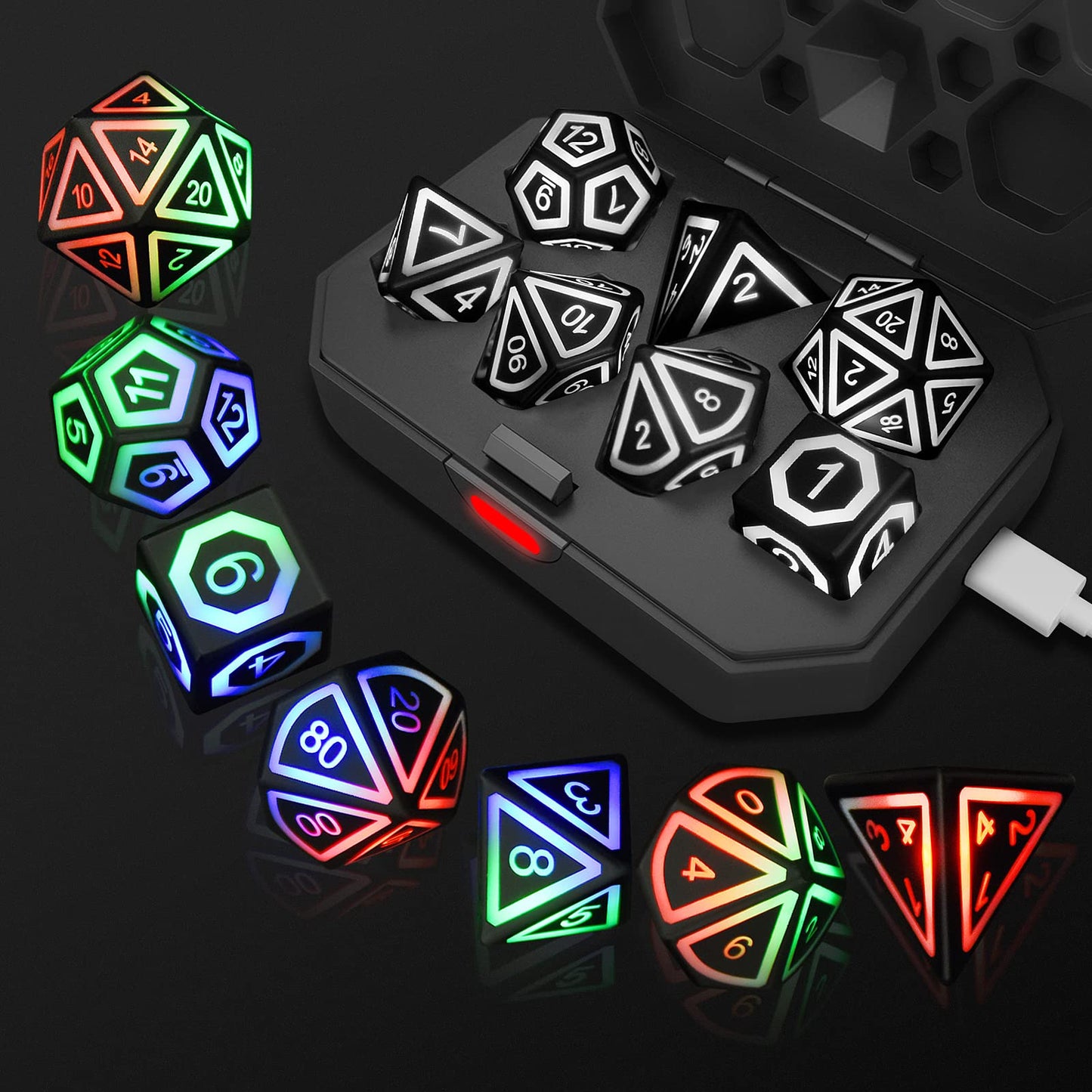 EXCECAR Rechargable DND Dice Set, Light Up Dice, 7 PCS Glowing Balanced LED Dice Electronic Dices, D&D Dice, Polyhedral Dice Set