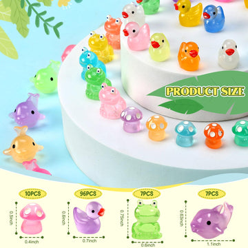120 Pcs Luminous Mini Resin Ducks Glow in The Dark Animals Duck Frog Dolphin Mushroom 4 Combination Sets for Garden Miniature Fi
