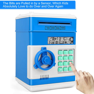 Adsoner Cartoon Piggy Bank, Electronic Atm Password Cash Coin Can Auto Scroll Paper Money Saving Box Gift For Kids (Blue)
