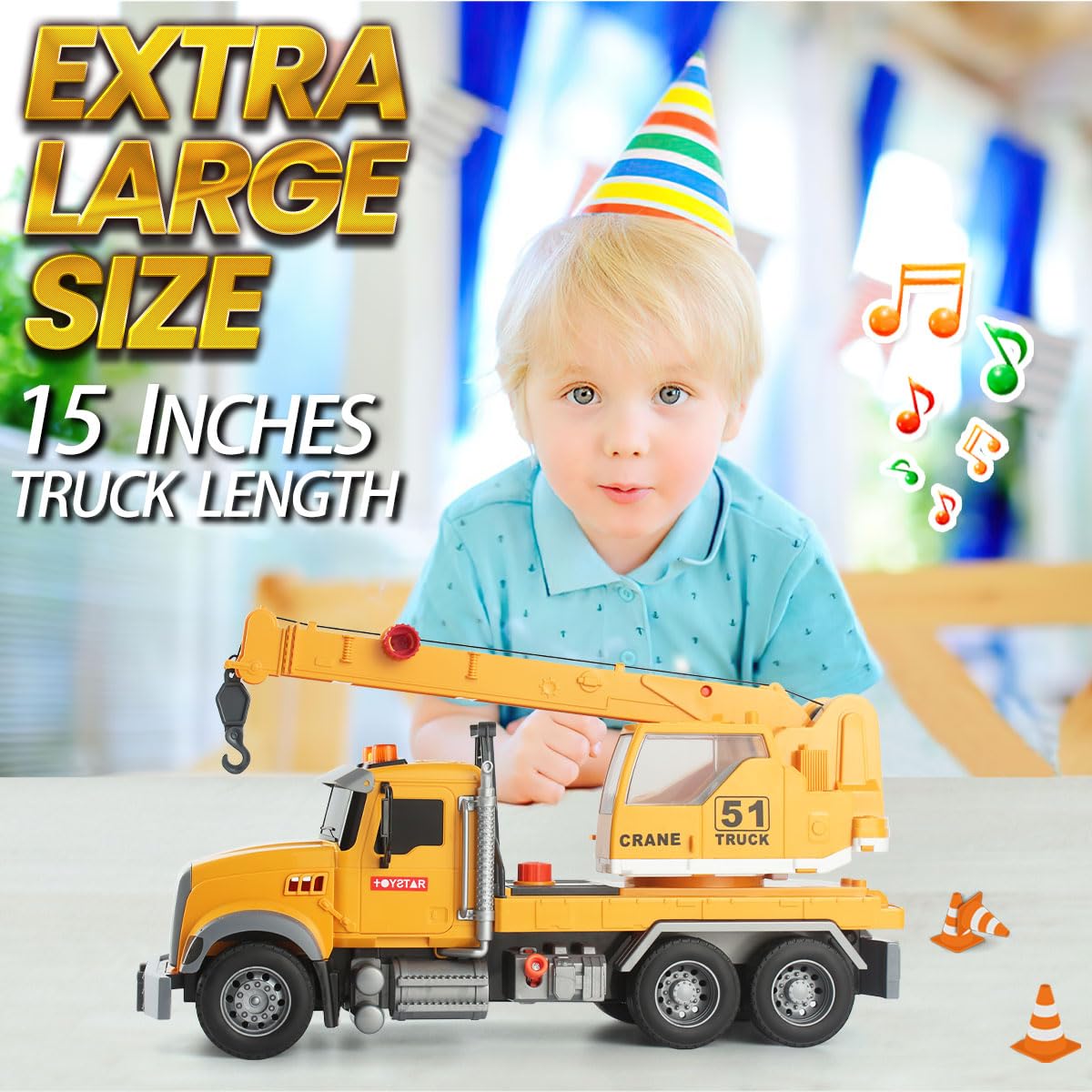 Wenbeier Construction Crane Truck Toys with Long Extendable Boom, 15'' Heavy Truck with Sound and Light for Kids Toddler Childre