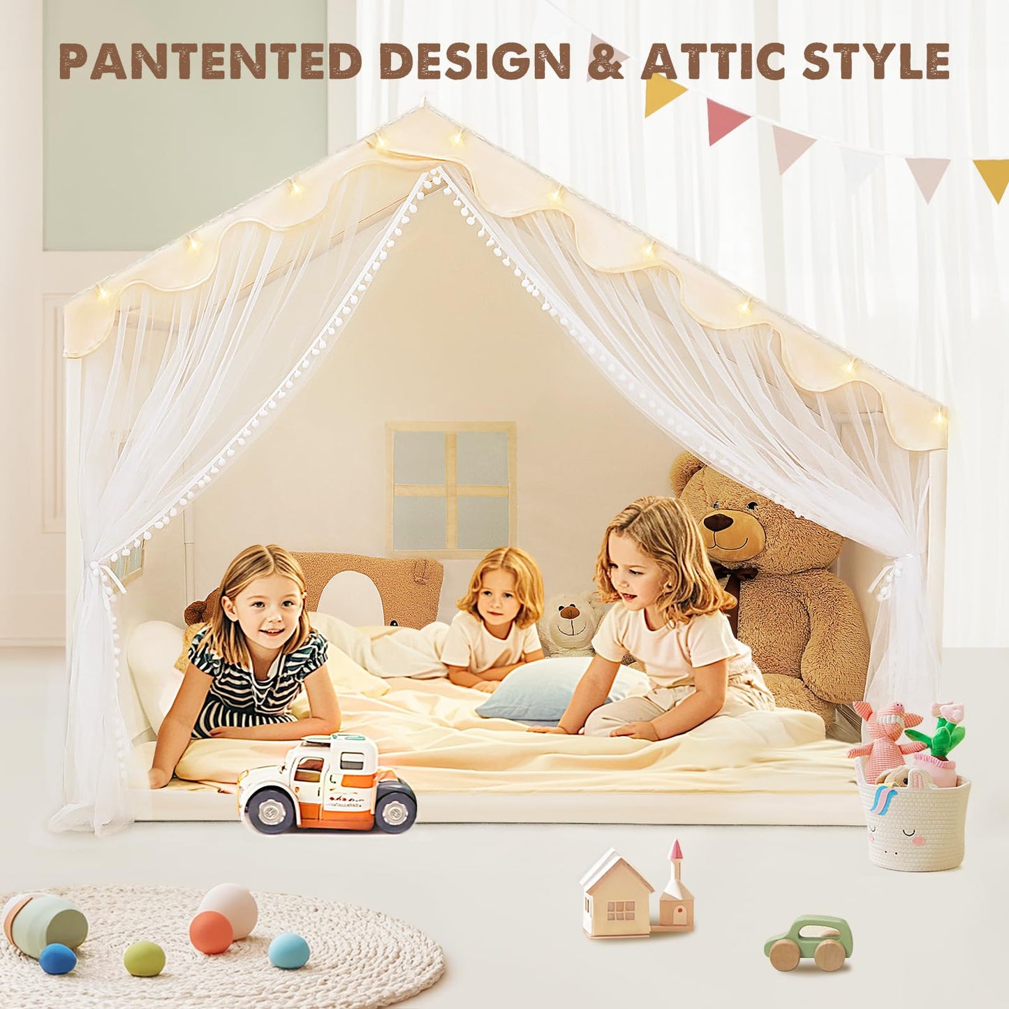 Piikago Kids Play Tent With Mat - Kids Tent Indoor With Star Lights And Flags, Toddler Tent For Kids Ages 3-8, Kids Playhouse Fo