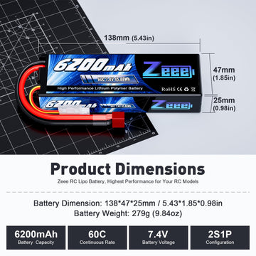 Zeee 2S Lipo Battery 6200mAh 7.4V 60C Hard Case Battery with Deans T Connector for RC Vehicles Car Truck Truggy Boat Racing Hobb