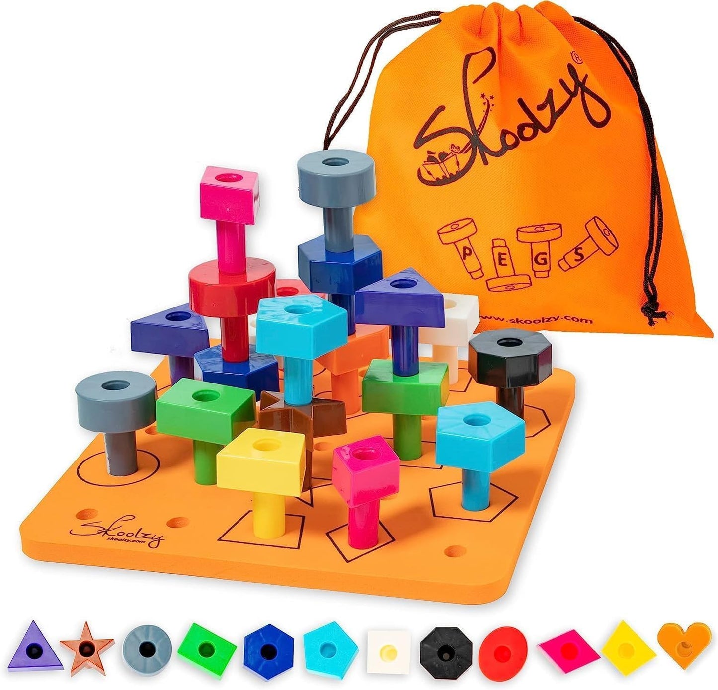 Skoolzy Toddler Peg Board 38 Pcs With Ebook - Pegboard For Toddlers - Stacking Peg Board - Color Matching & Shape Recognition Toy For Toddlers 3+