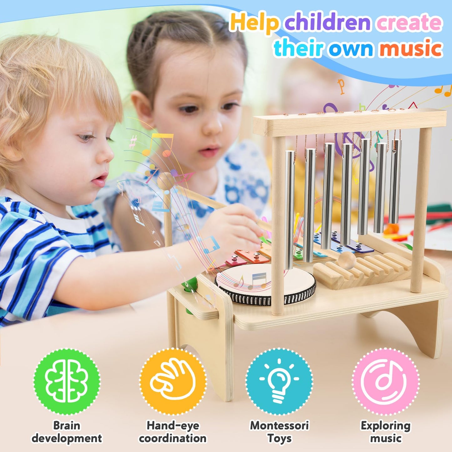 Kids Drum Set,Baby Musical Instrument For Toddler,Wooden Xylophone For Toddlers With Baby Drum Set And Wind Chime,Montessori Mus