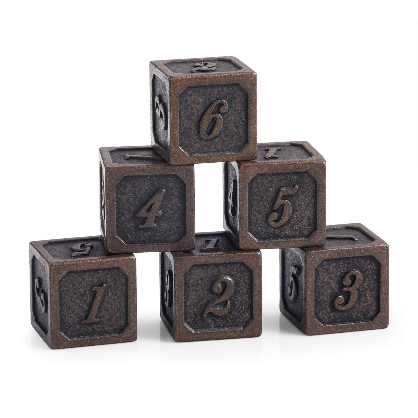 DNDND Ancient Copper D6 Metal Dice Set, Metal Dice 6 Sided Set of 6 Solid Metallic Dice with Free Black Velvet Bag for D&D Pathf