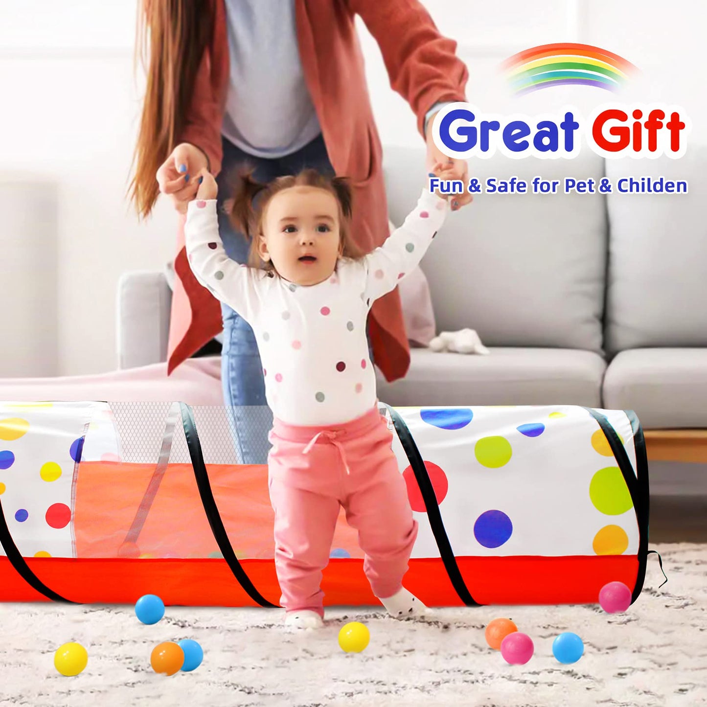 Kids Play Tunnel For Toddlers, Pop Up Crawl Through Tunnel Play Tent For Baby Infant Children Or Dog With 2 Mesh Sides, Kids Tunnel Toys Or Gift Indoor & Outdoor (Red Crawling Tent With Dots)