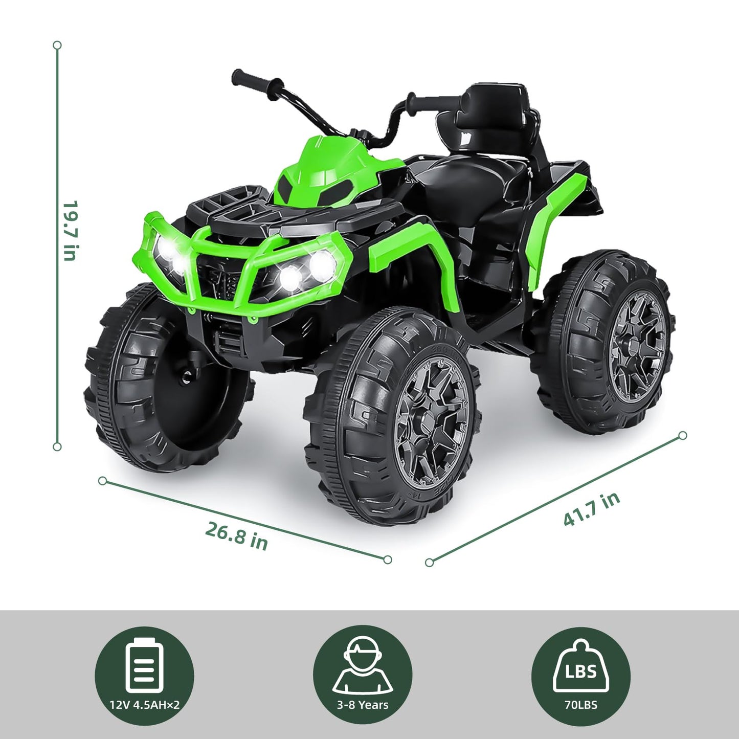 24V Kids Atv, Ride On Toys, Ride-On 4-Wheeler Quad Car Toy For Kids With Bluetooth, 6.5Mph Top Speed, Treaded Tires, Led Headlig