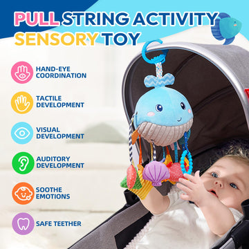 Jollybaby Plush Stuffed Activity Pull String Hanging Toys For Stroller Car Seat Crib Or Gym, Montessori Sensory Carseat Toy For Baby 0-3-6-12-18 Months, Whale Toy For Infant Baby Boy Girl Gifts