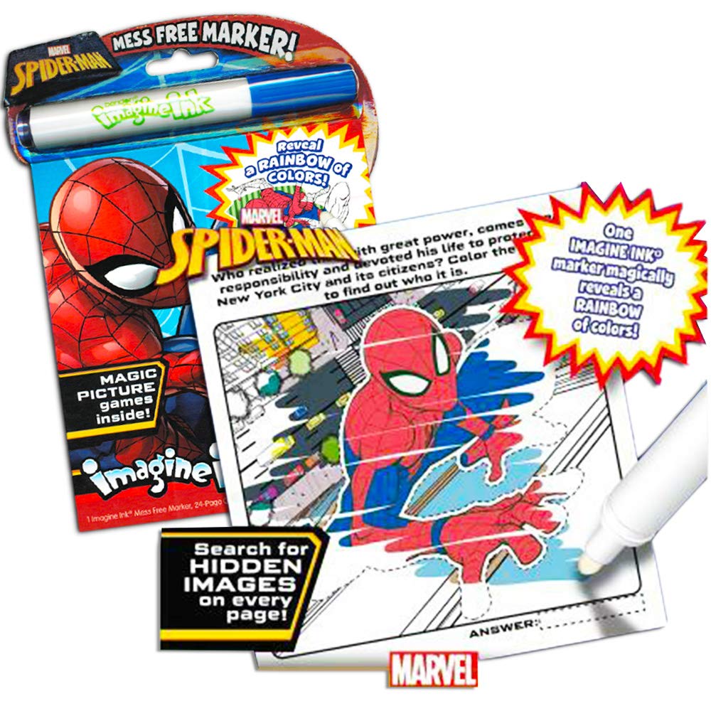 Marvel Spiderman Imagine Ink Coloring Book Set - 1 Mess-Free Book, 1 Coloring Book, Stickers, Mess Free Pen (Spiderman Party Sup
