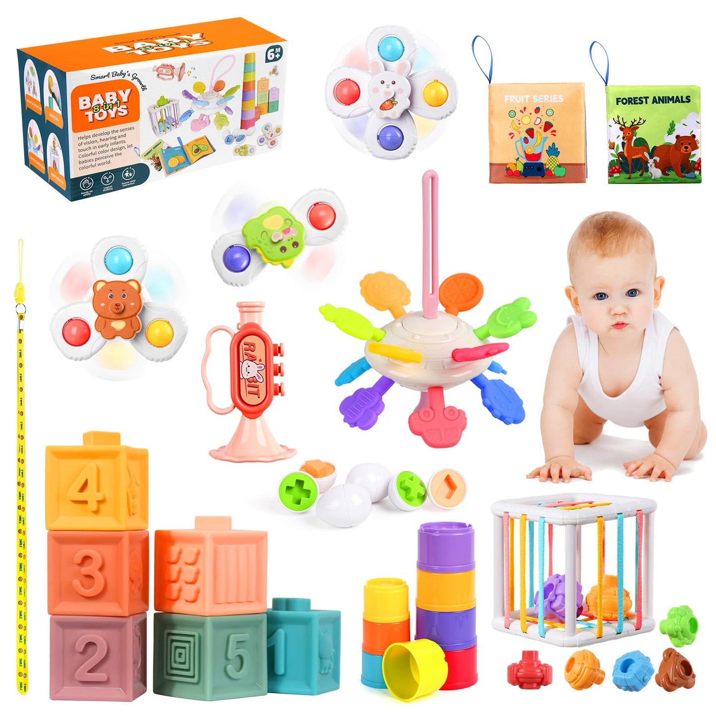Ouwanch Montessori Toys For Babies 6-12 Months, 8 In 1 Montessori Toys, Soft Baby Toys 6-12 Months, Toddler Bath Toys Sensory To