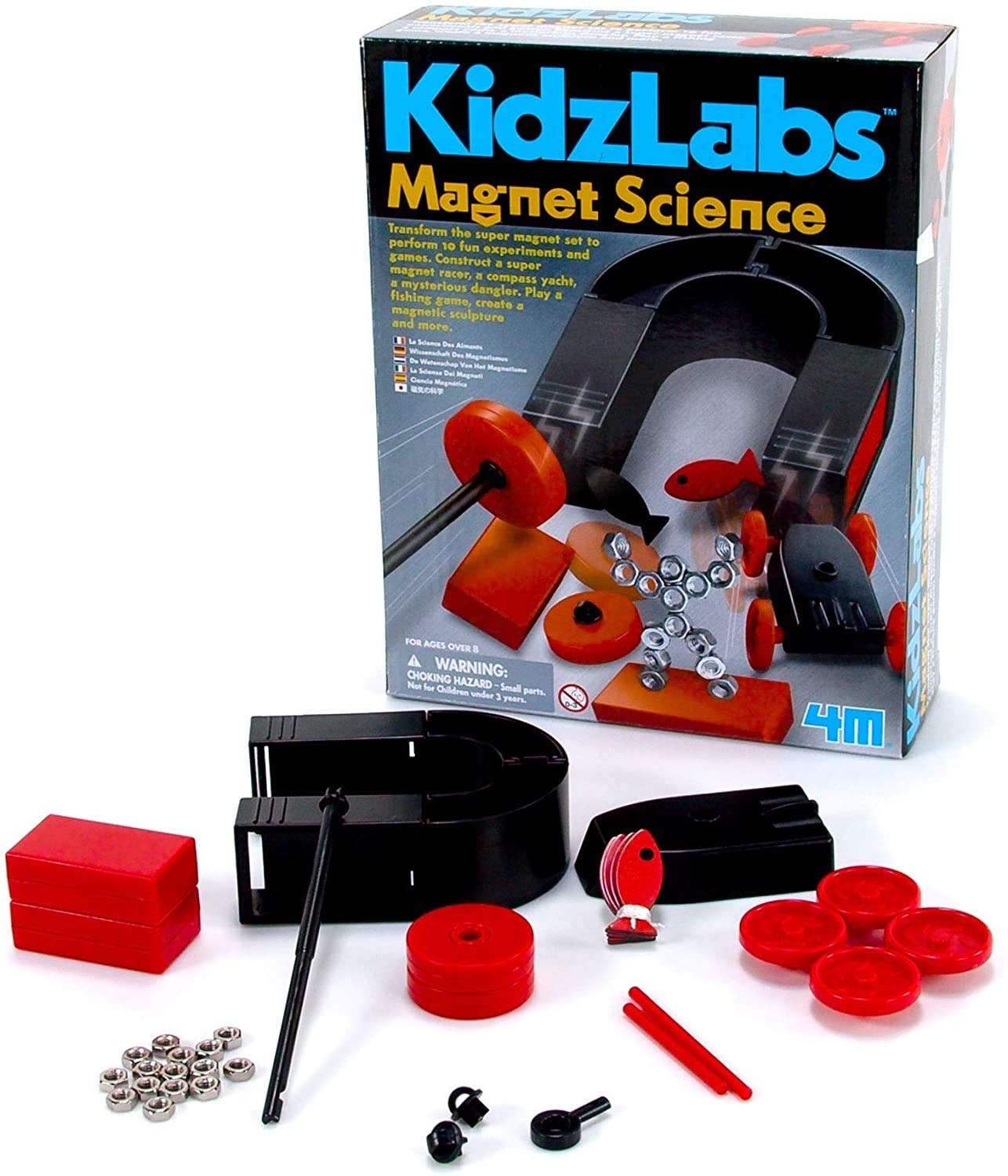 4M Magnet Science Kit - 10 Magnetic Experiments & Games (Over 25 Pieces To Build & Stem Learn From) - Power The Racer With A Magnet, Levitate A Magnet, Magnetic Yacht & Fishing, Boys & Girls, Age 8+