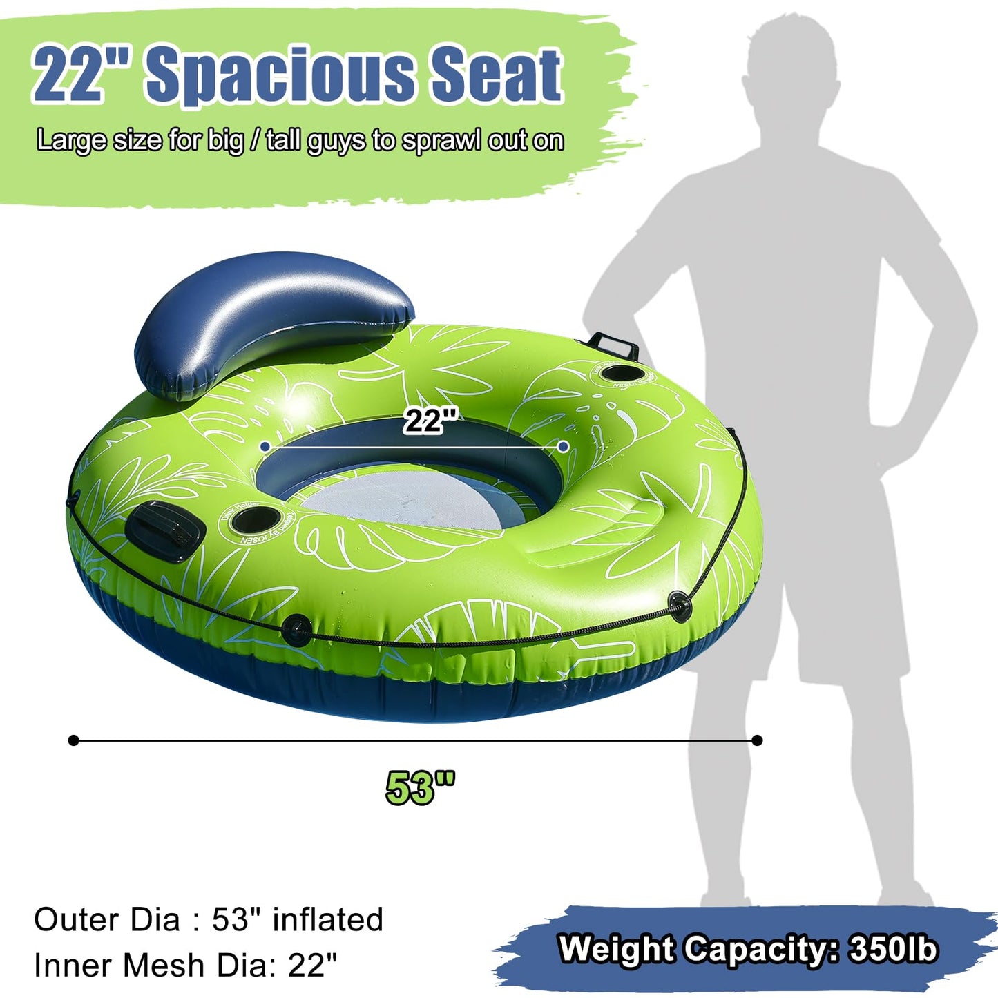 Josen Heavy Duty River Tubes Float With Cup Holders For Pool And Lake - 53'' Large Pool Float For Adult, Inflatable Swimming Poo