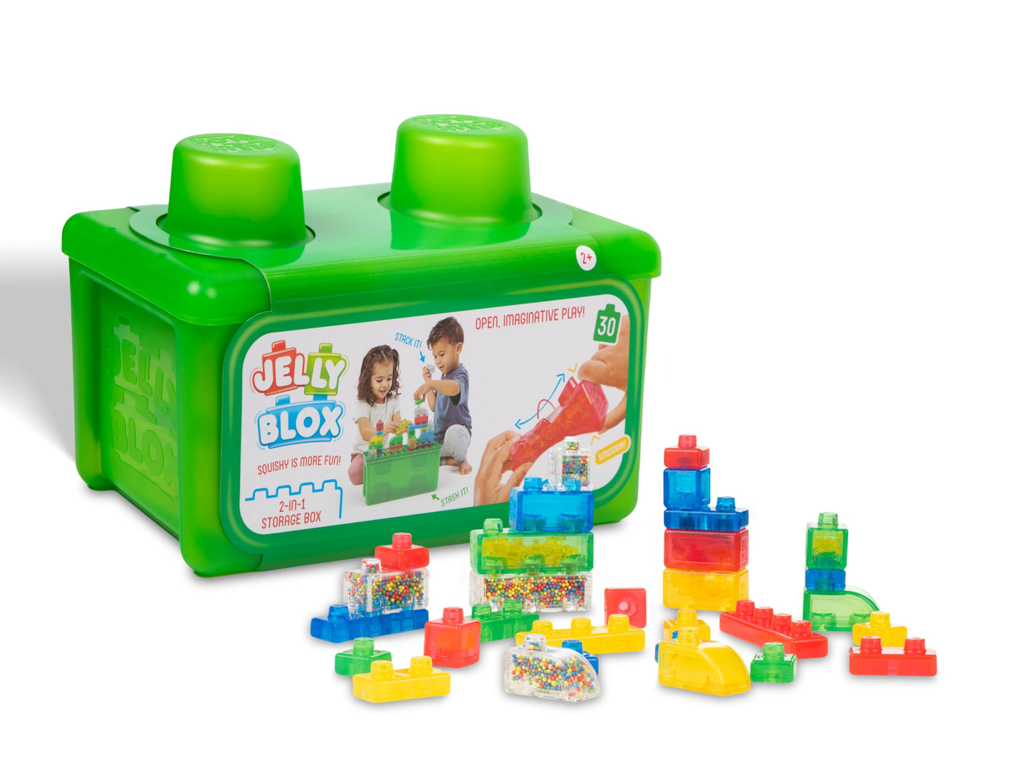 Jelly Blox Stash 'N Stack 2-In-1 Storage Case Including 30 Blocks | Toddler & Preschool Building Blocks Kids Can Squeeze & Stretch | Safety Tested & Ouch-Free | Tactile, Sensory Play Toy For Ages 2+
