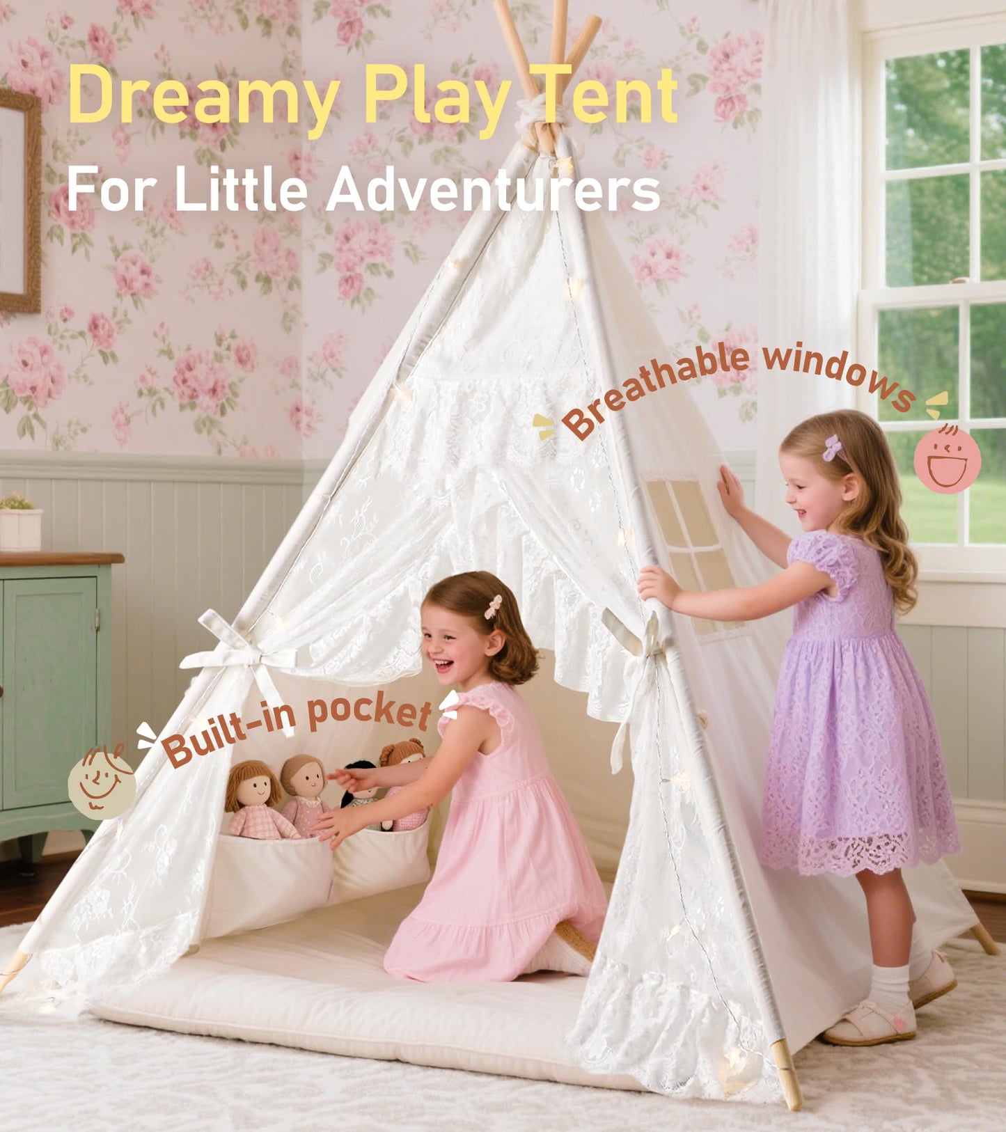 Kids Teepee Tent with Starry Lights Ground Mat and Pockets Teepee Tent for Kids Indoor & Outdoor Use Foldable Play Tents for Boys & Girls Washable Toddler Playhouse for Birthdays & Holidays