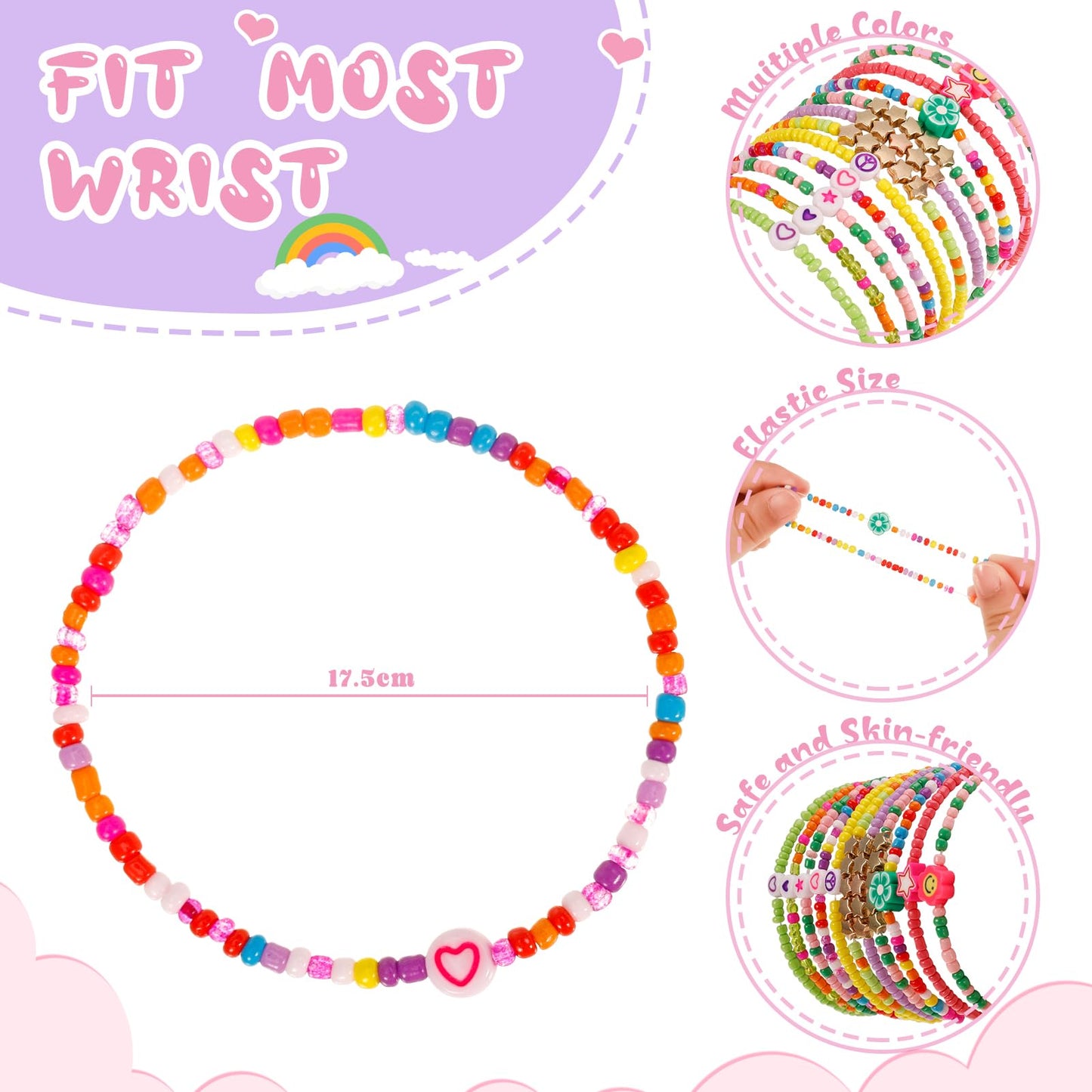 Guiqulai 48 Pcs Kids Friendship Bracelet Set,Colorful Adjustable Beaded Bracelets,Cute Stretch Preppy Bracelets,Stackable Clay S