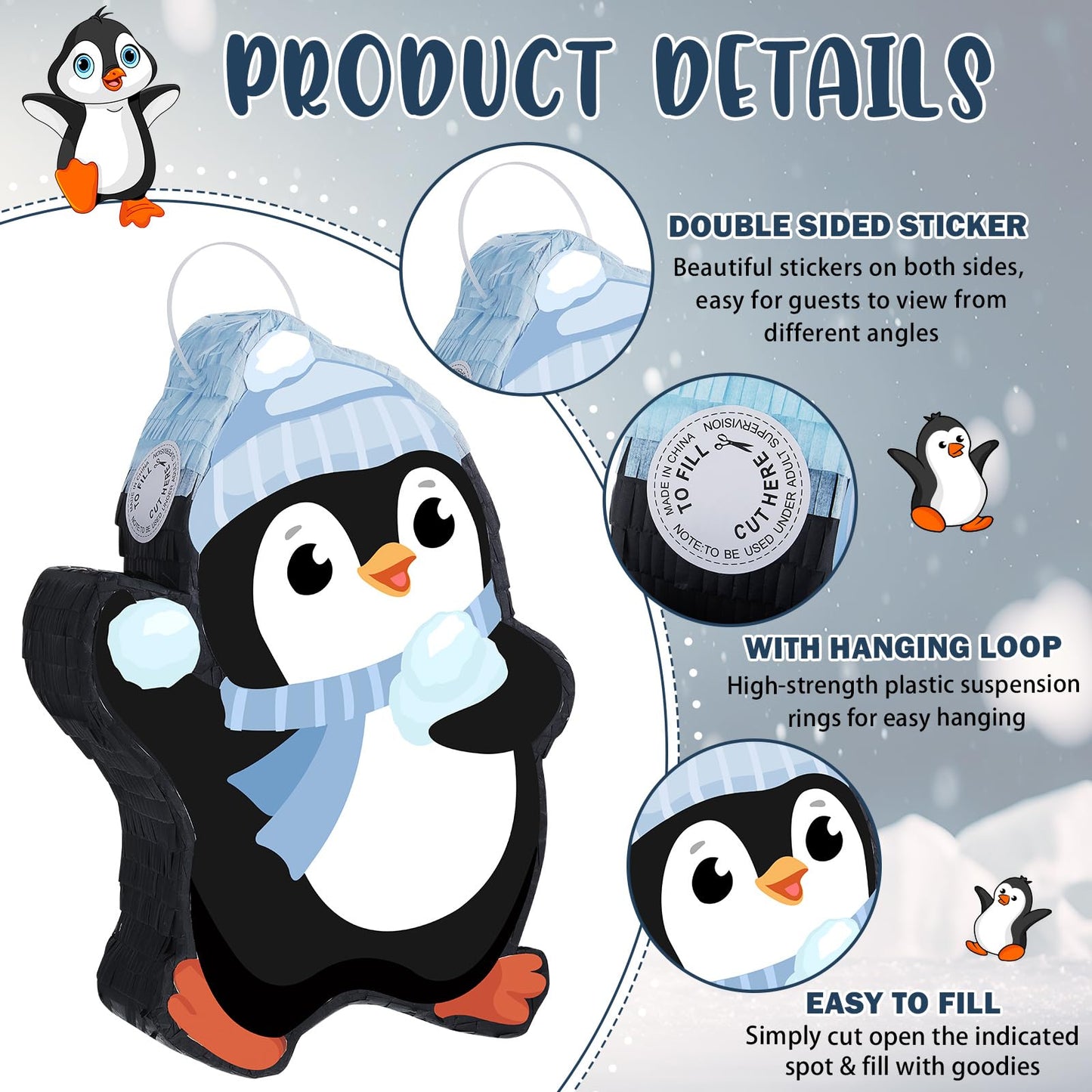 Lewtemi 15.1 Inch Penguin Piñata Winter Penguin Party Supplies Candy Animal Piñata With Stick Confetti And Blindfold Gift For Boy Girl Adults Winter Theme Birthday Party Supplies Decorations (Elegant)