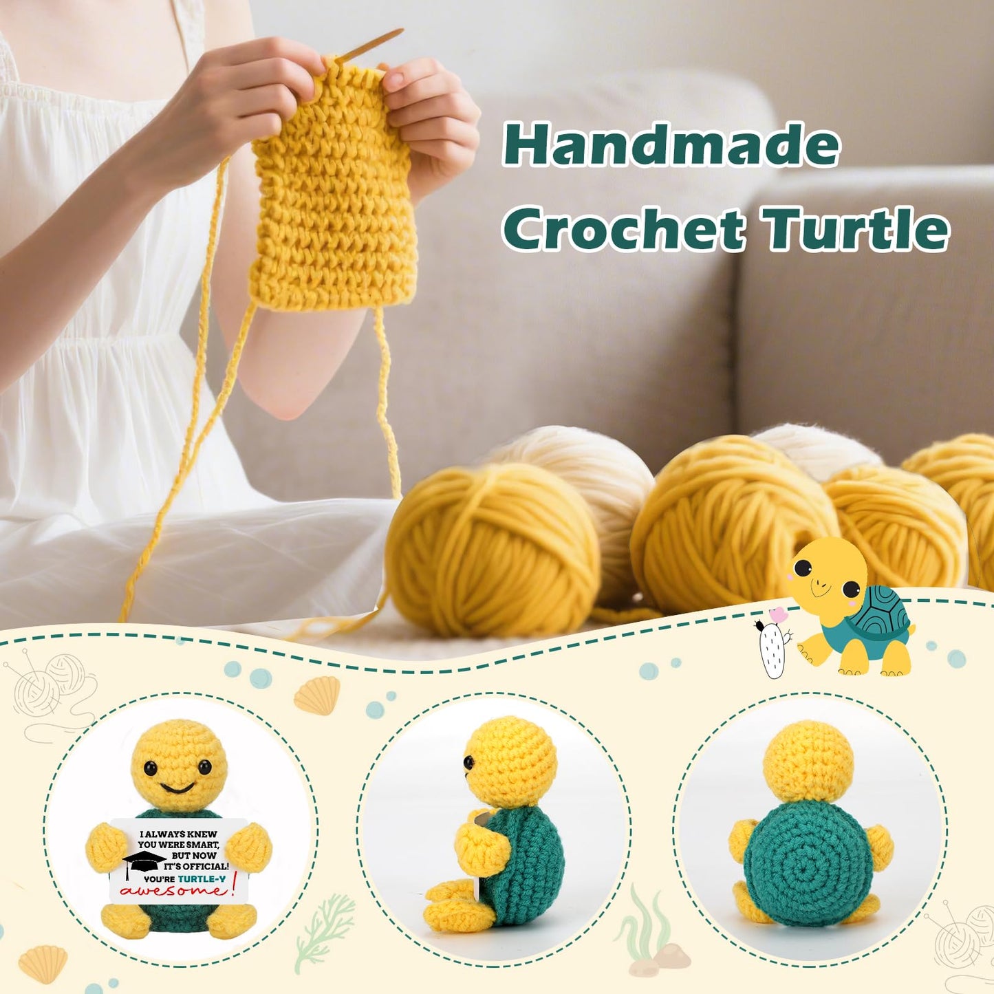 NEVERNERVE Funny Turtle Graduation Gift - Handmade Crochet Turtle, 3.5 inches, Yellow - Perfect for 2025 College Graduation Celebrations