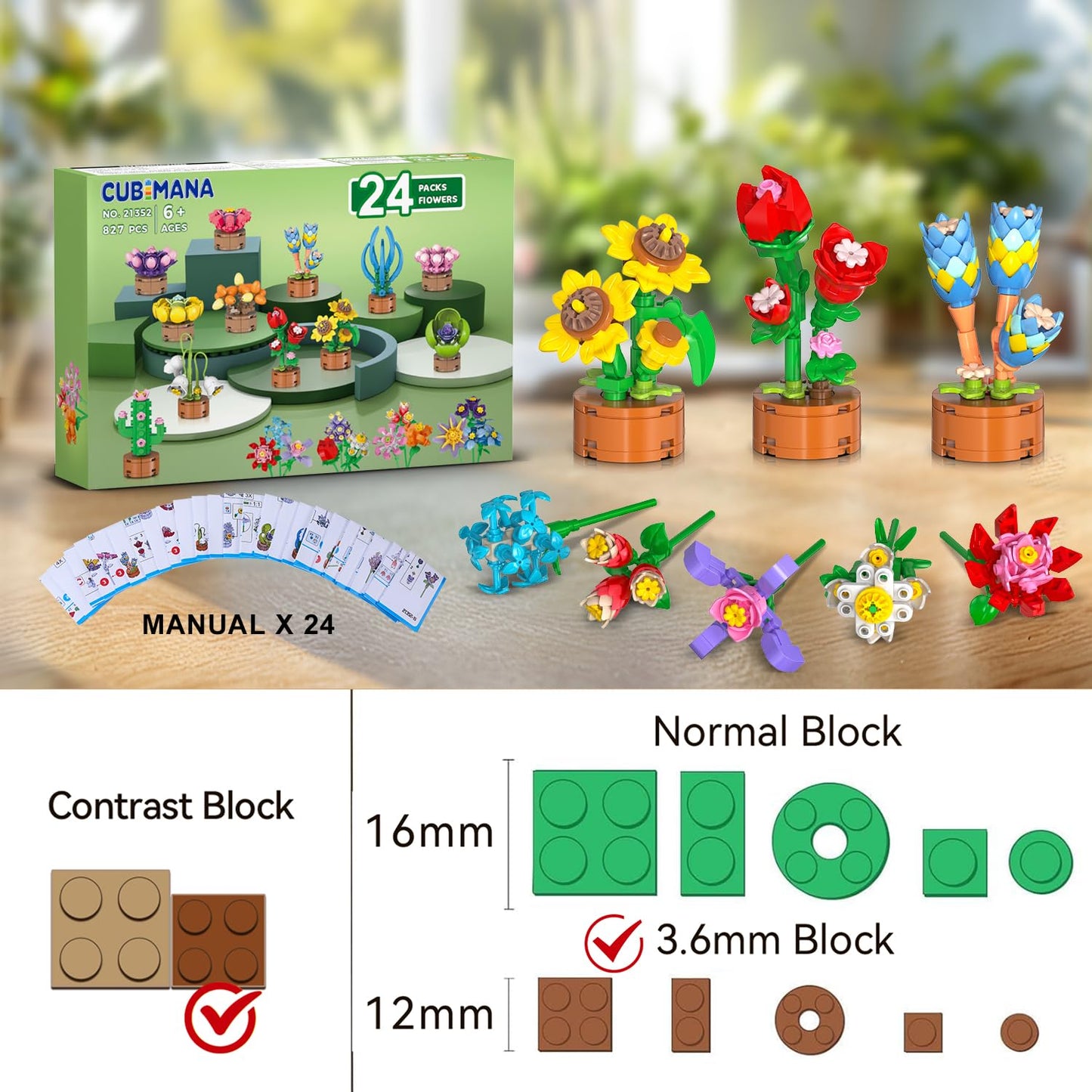 24 Pack Flowers Party Favors For Kids Building Set - 827Pcs Succulents 3.6Mm Mini Building Blocks Toy For Easter Basket Stuffers