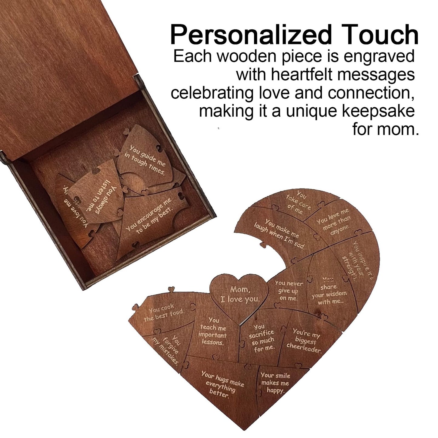 Wooden Mom Puzzle Pieces Gift - 20 Reasons Why I Love You Mom Keepsake Box - Sentimental Mothers Day, Birthday, Christmas Or Tha
