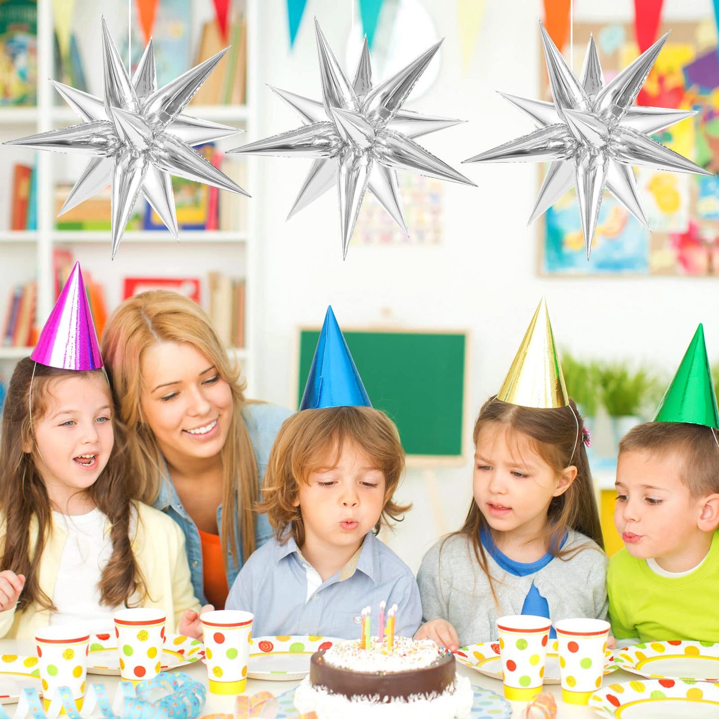 60 Pcs Silver Star Balloons Explosion 12 Point Foil Cone Balloons Magic Starburst Balloons Large For Wedding Anniversary Backdro